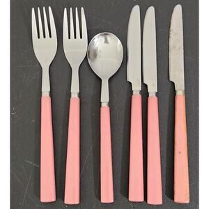 6 Pc Flatware Vtg MCM Stainless Steel Pink Plastic Handle Silverware Thailand